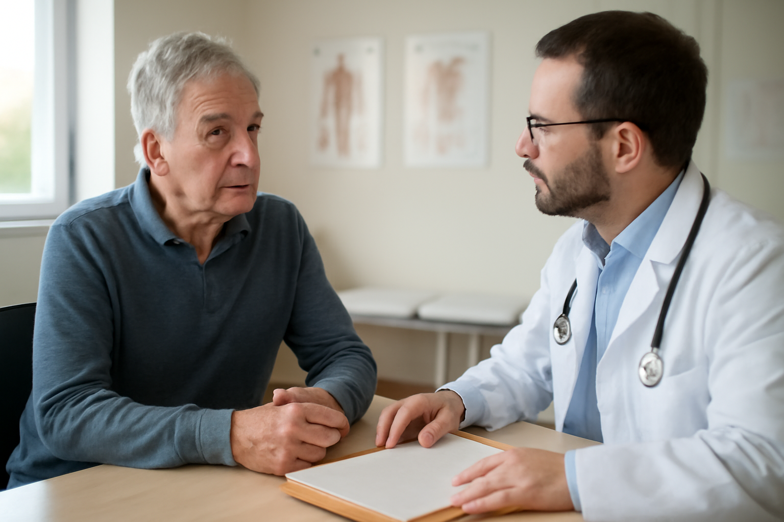 Homme consultant un médecin pour l’adenome prostate, salle de consultation lumineuse, scène photo réaliste