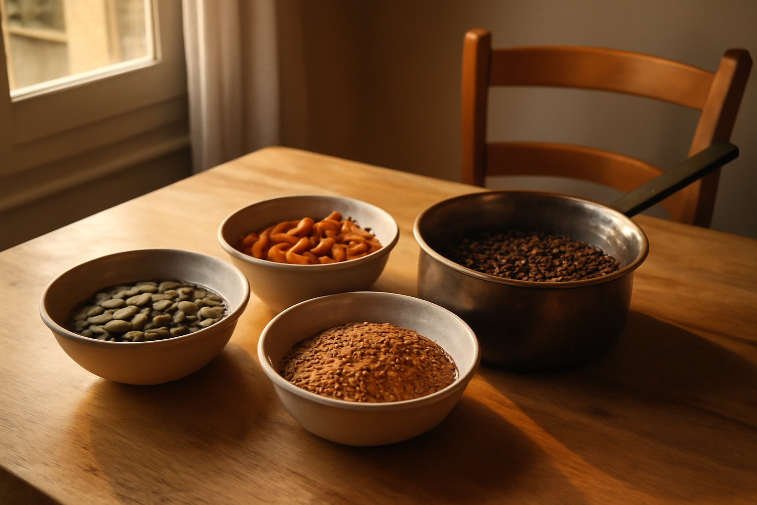 aliments riches en magnésium : graines de courge et sarrasin sur une table de cuisine