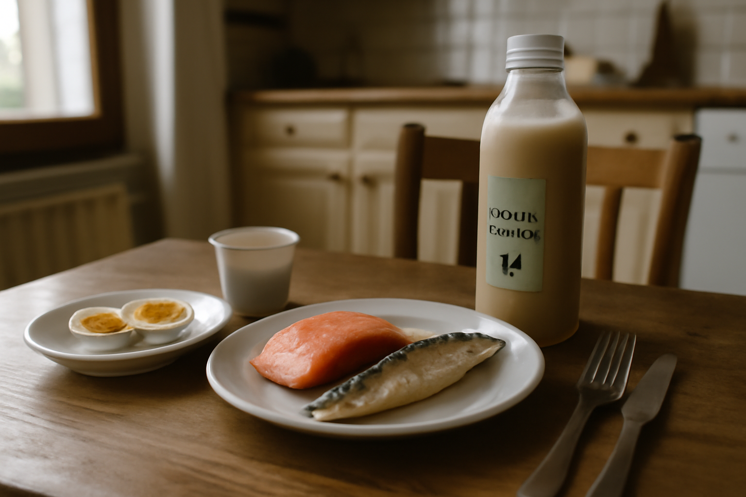 aliments vitamine d : poissons gras, œufs et produits enrichis sur une table