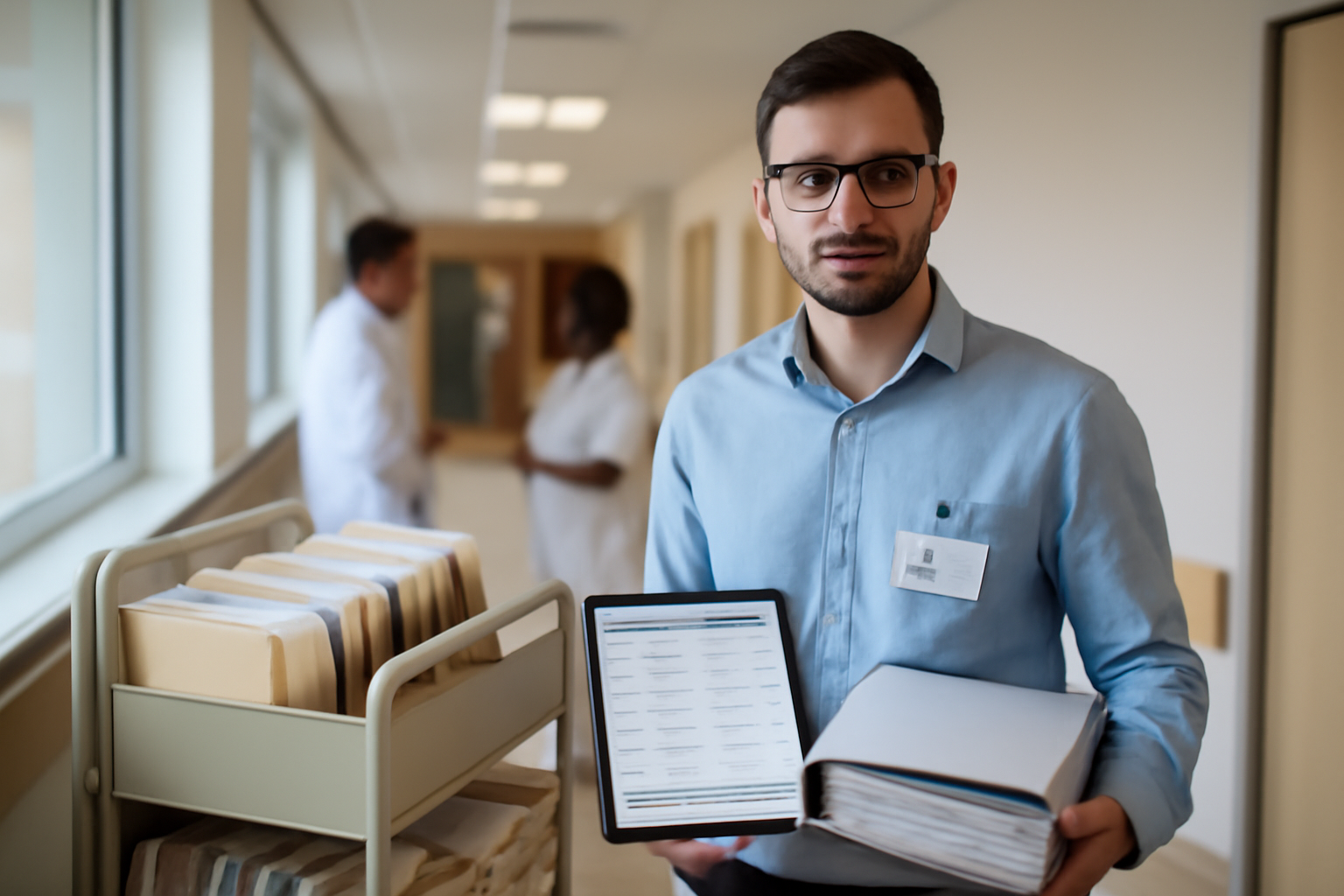 attaché de recherche clinique en visite de monitoring dans un CHU avec documents de protocole et badge