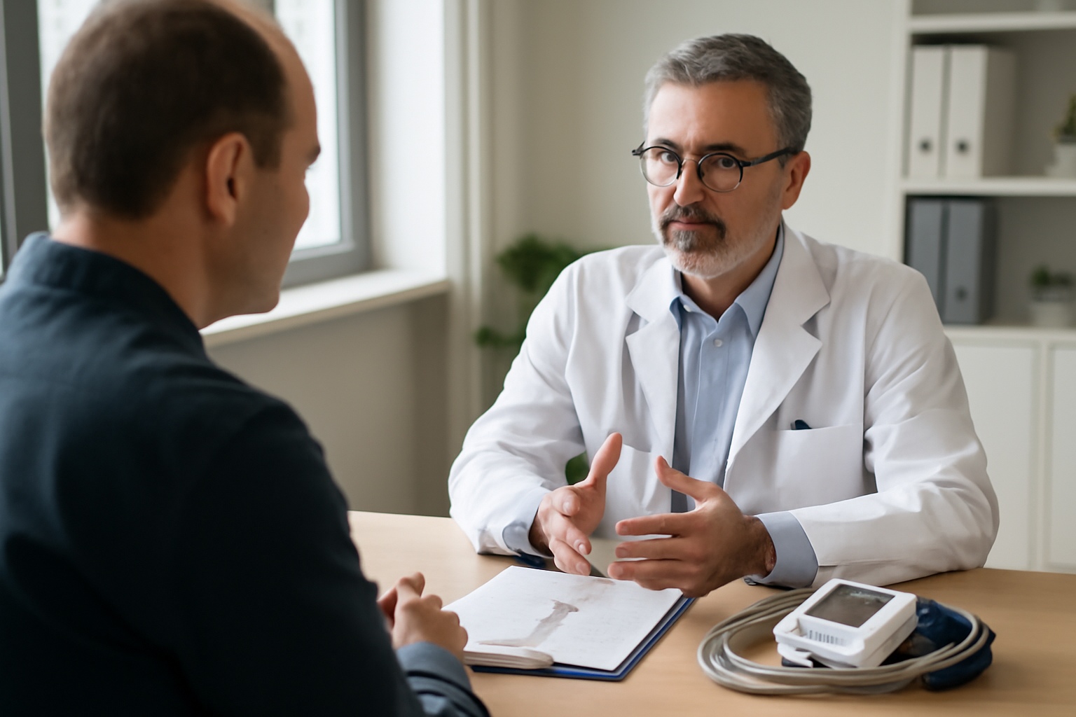 cardiologue contre les statines en consultation, échange avec un patient, salle de cardiologie, lumière naturelle