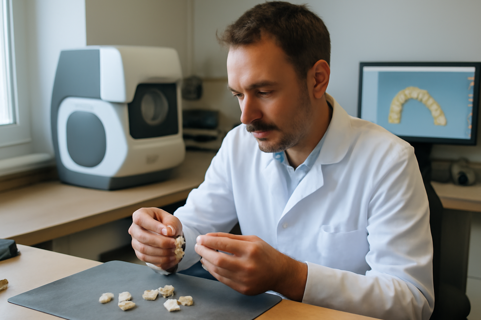 ceramique dentaire capdentaire en laboratoire dentaire, prothésiste et fragments de céramique sur table