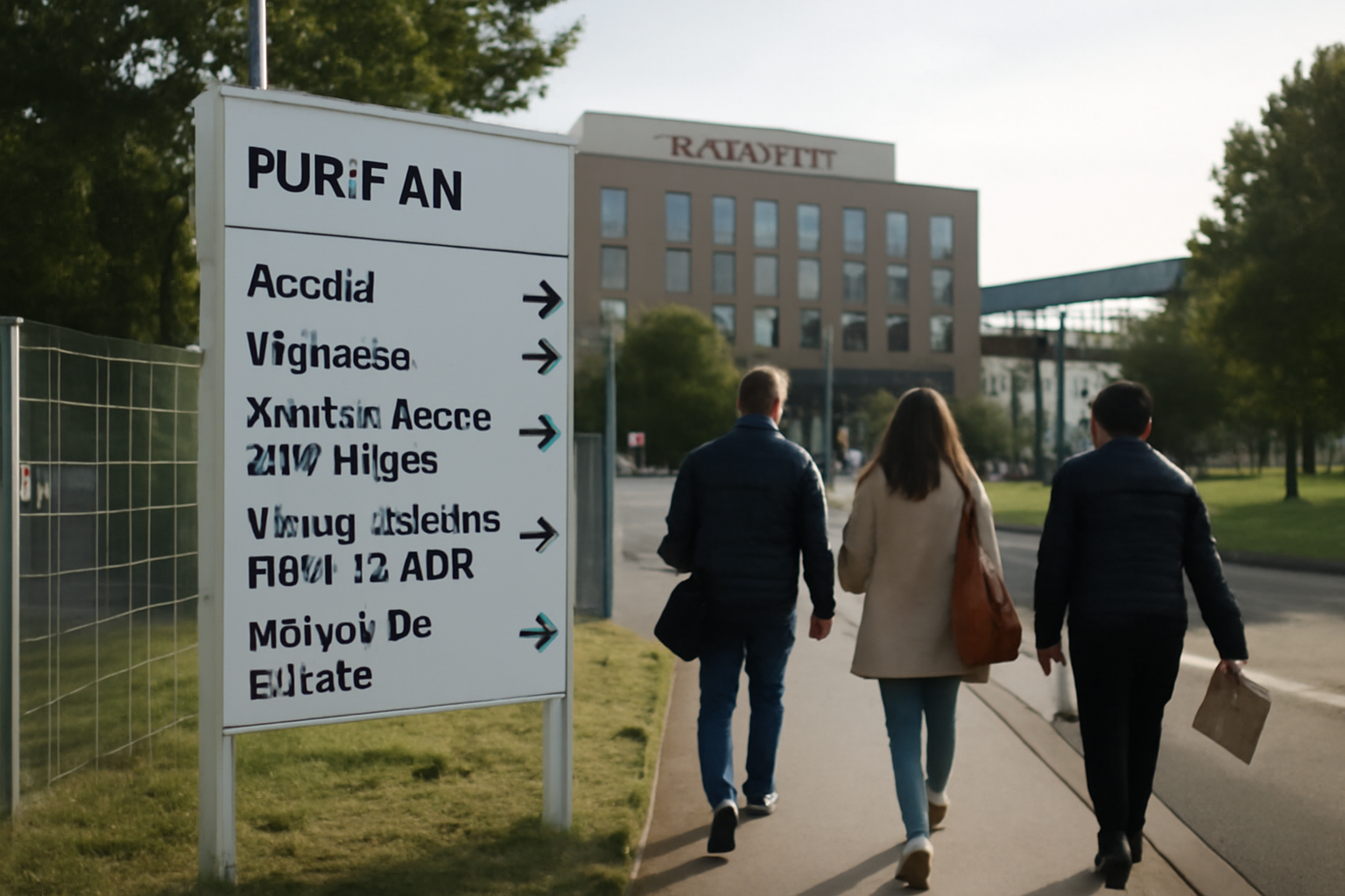 Entrée du site hospitalier Purpan à Toulouse, panneau d’orientation et personnes se dirigeant vers le bâtiment, lumière du matin