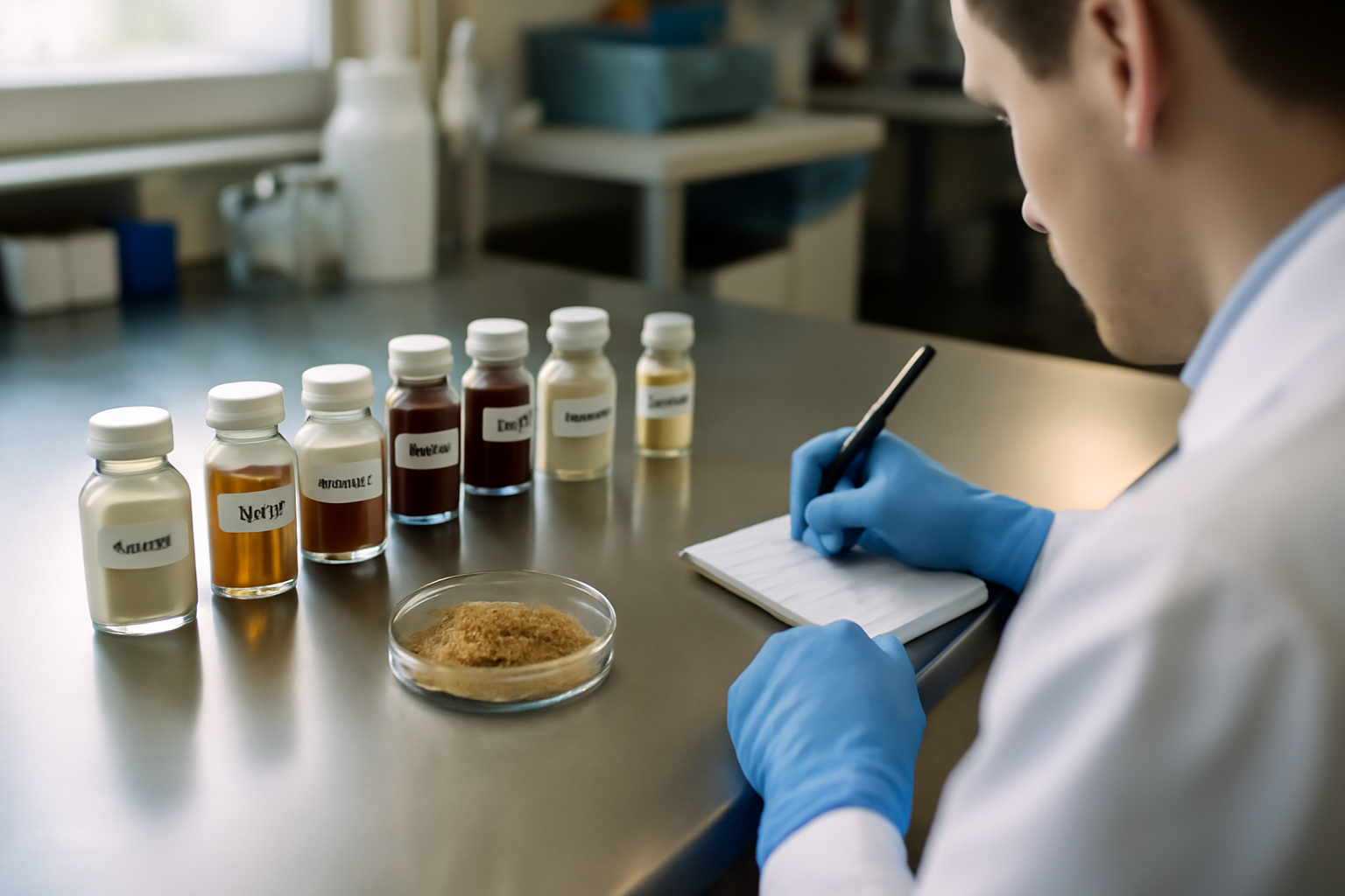 cordyceps en laboratoire, flacons et poudre de champignon sur paillasse