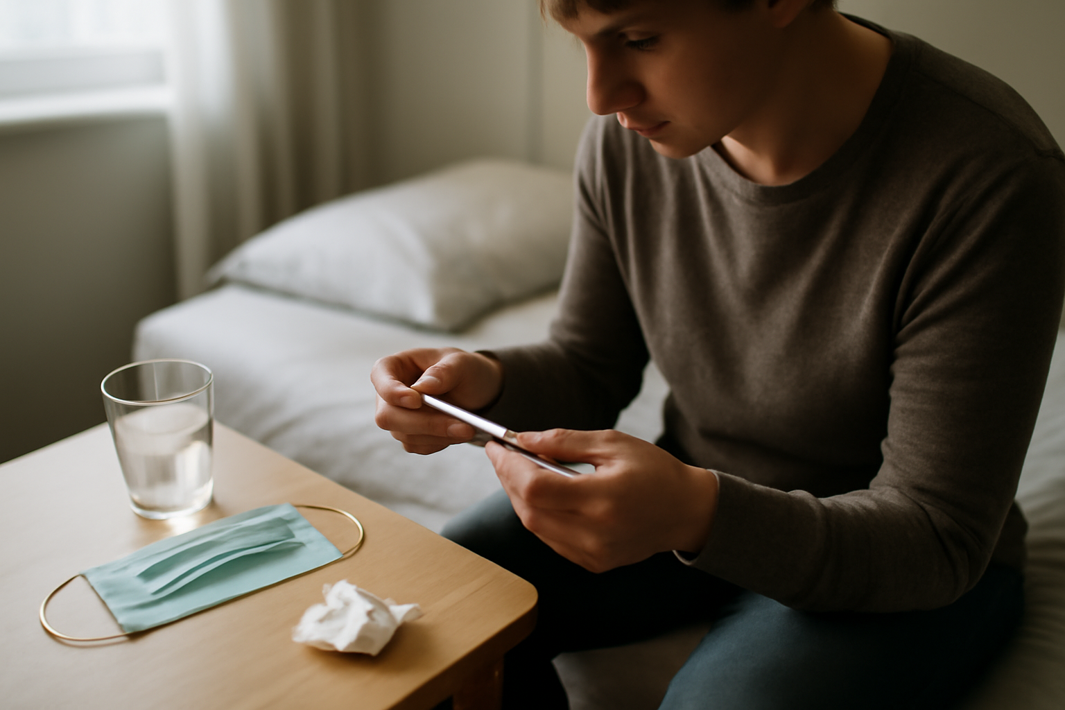 covid frankenstein symptômes : personne fiévreuse avec thermomètre et masque dans une chambre lumineuse