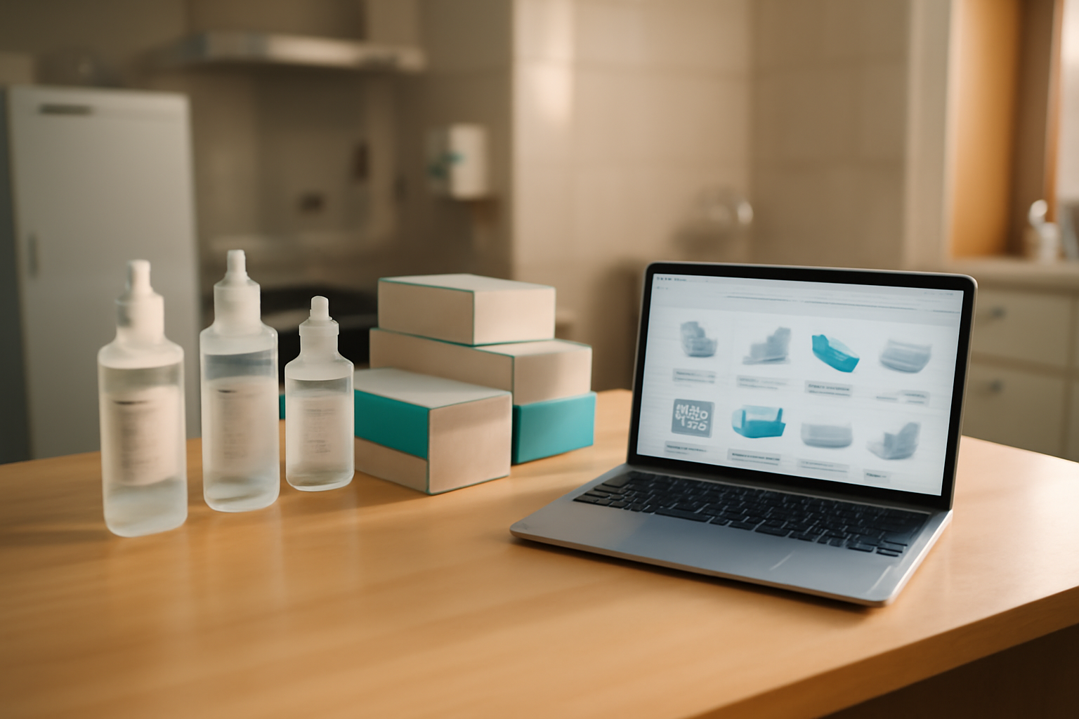 Matériel médical de désinfection et d’hygiène sur une page Distrimed, vue réaliste en environnement professionnel