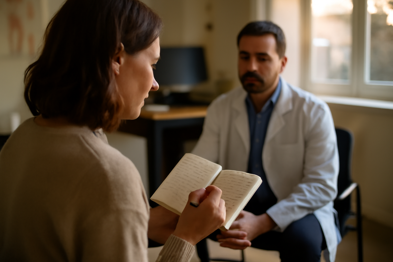 douleur bas ventre gauche femme : consultation médicale en journée, femme assise avec carnet de symptômes, salle de soins lumineuse, ambiance réaliste