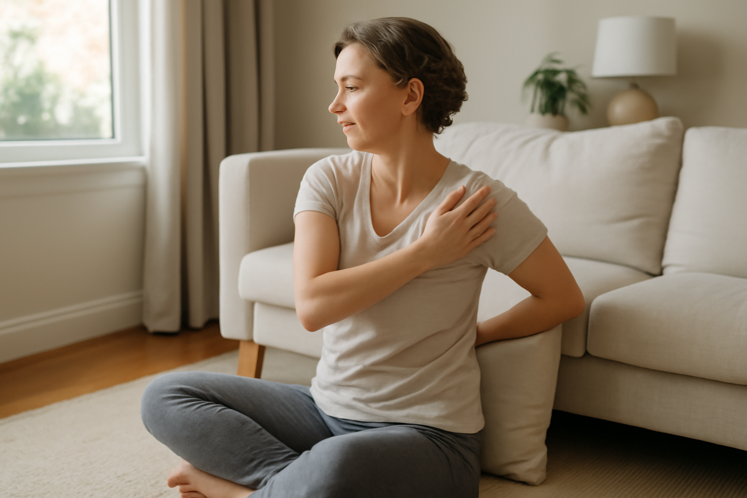 Exercices doux pour douleur scapulaire : étirement et mobilisation lente près de l’omoplate droite