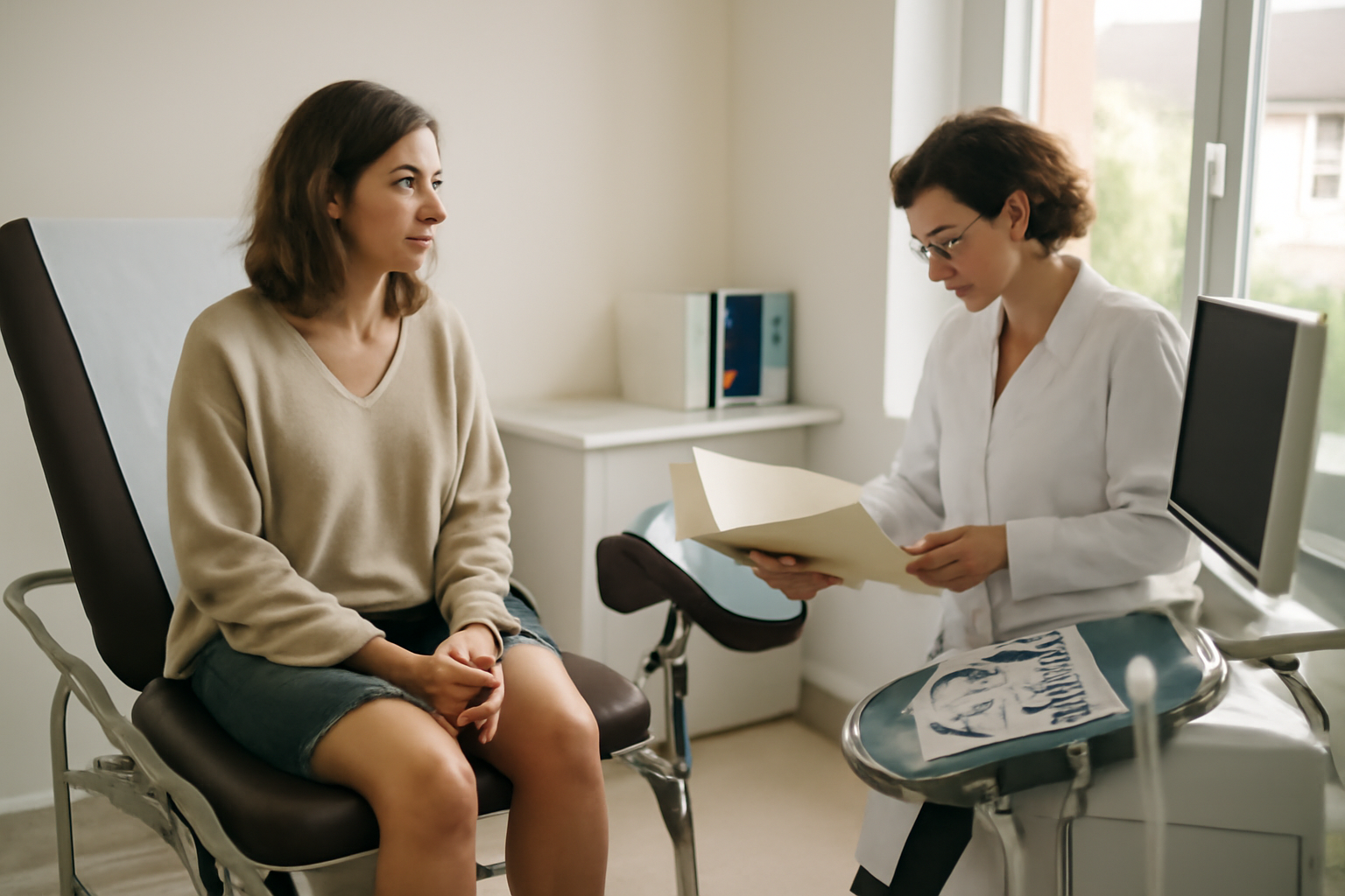 Douleur ovaire gauche : consultation médicale et échographie pelvienne dans un cabinet, lumière naturelle