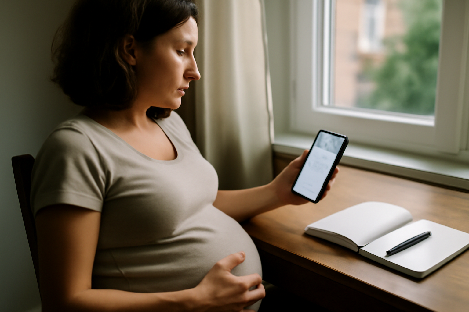 Gestaclic : une femme enceinte consulte un calendrier de suivi sur un smartphone, lumière naturelle, intérieur clair