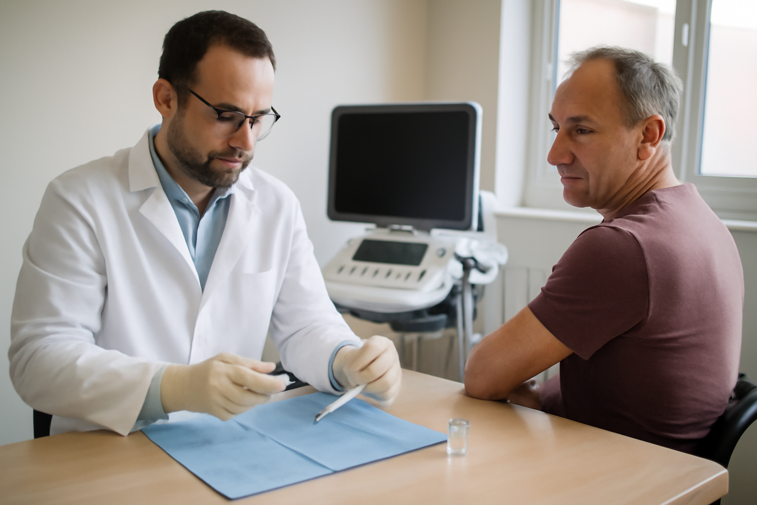 Infiltration épaule : médecin préparant une injection guidée à l’épaule dans une salle de consultation