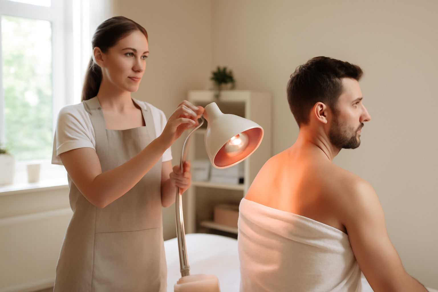 Luxopuncture : praticien appliquant une lumière infrarouge sur des points réflexes, ambiance de cabinet de soins