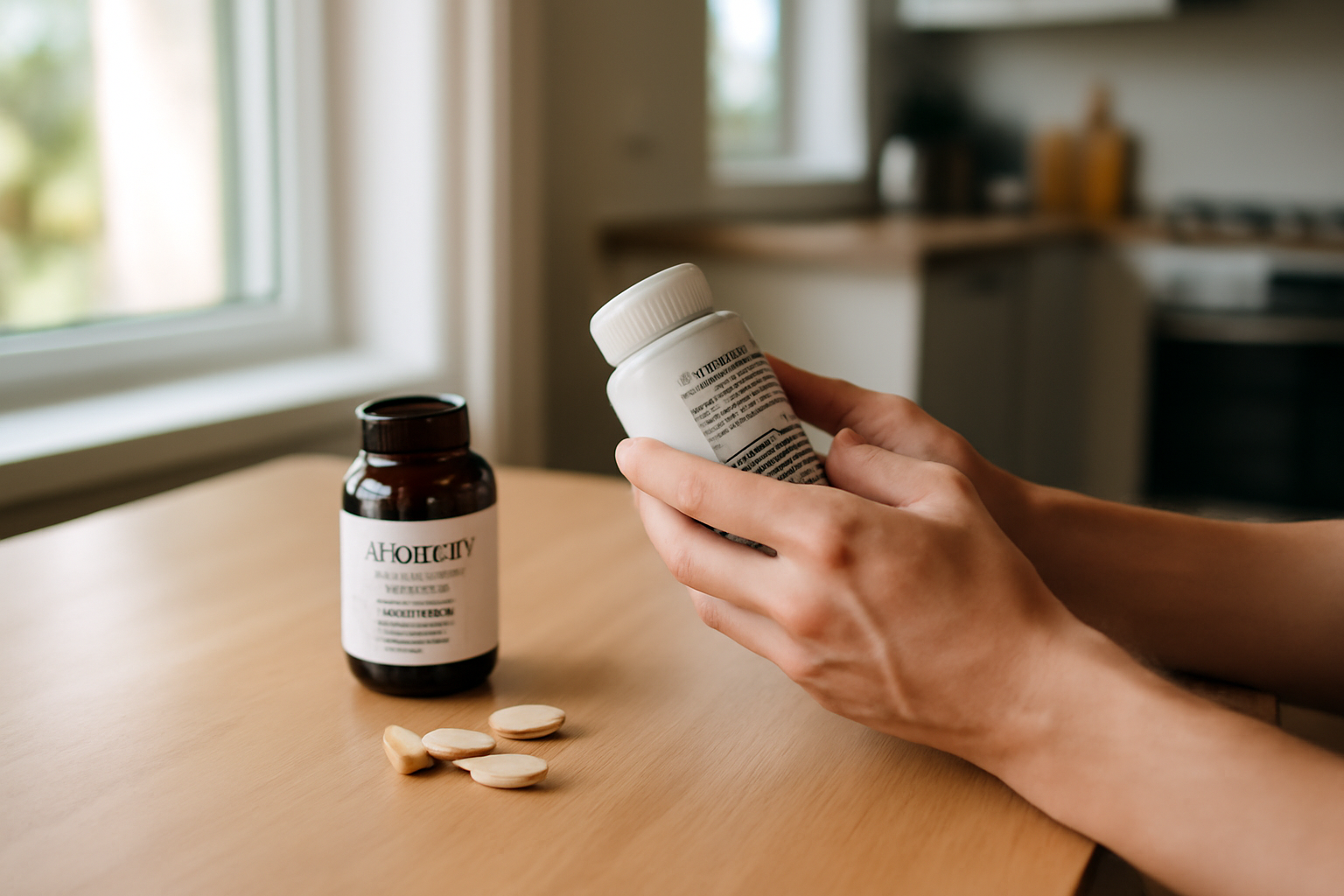 magnesium malic en flacon de complément, étiquette lisible et comprimés, lumière naturelle sur table