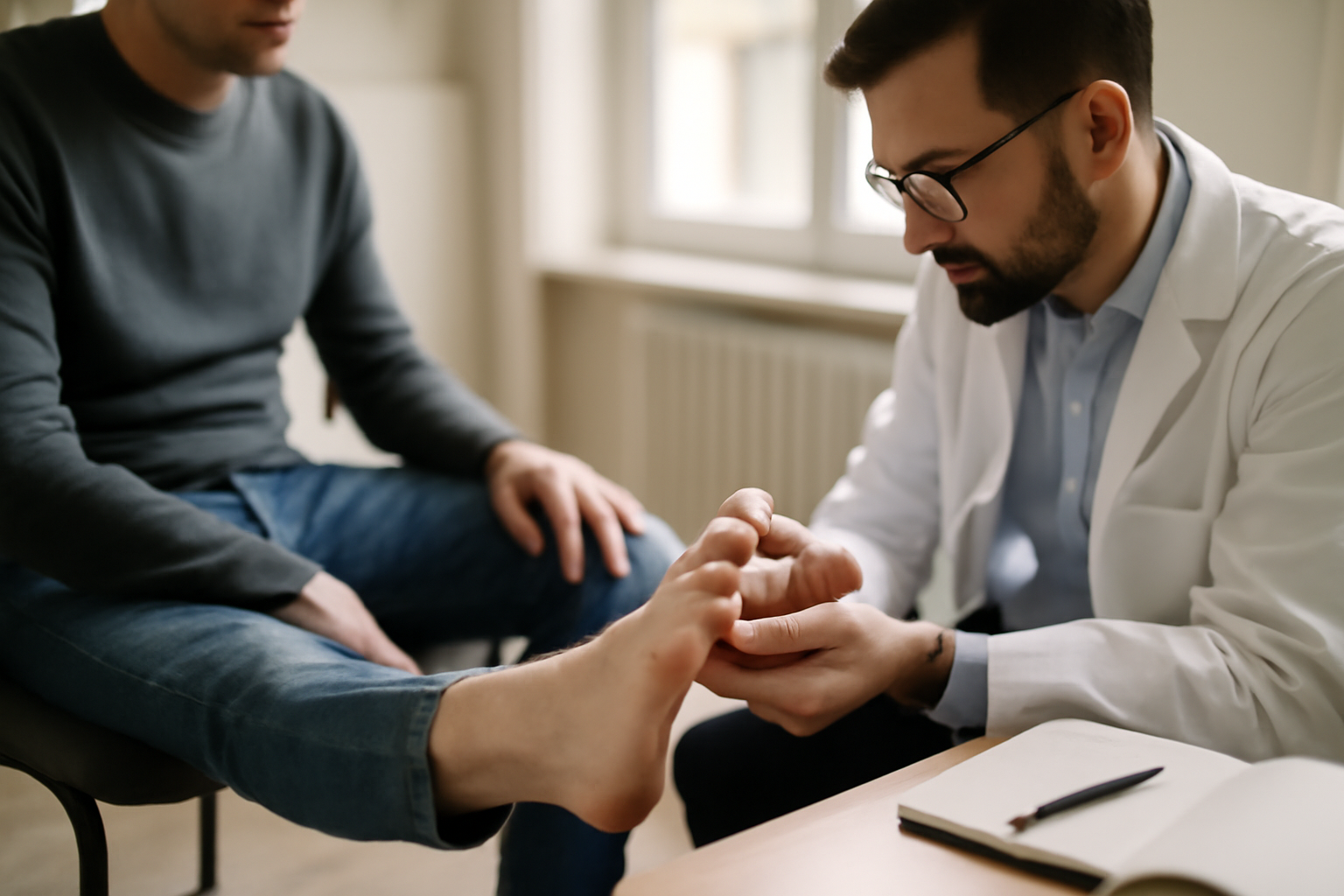 Neuropathie des pieds symptômes : pied avec zones d’engourdissement et questionnaire médical en consultation