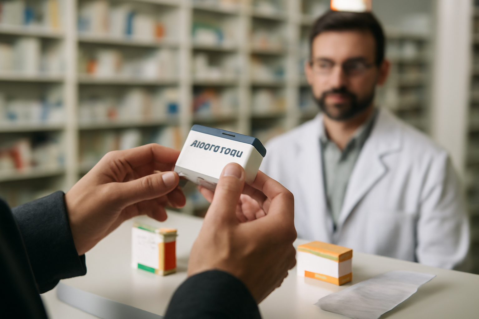 Boîte d’orocal et lecture des dosages mg de calcium et UI de vitamine D3 sur un comptoir de pharmacie