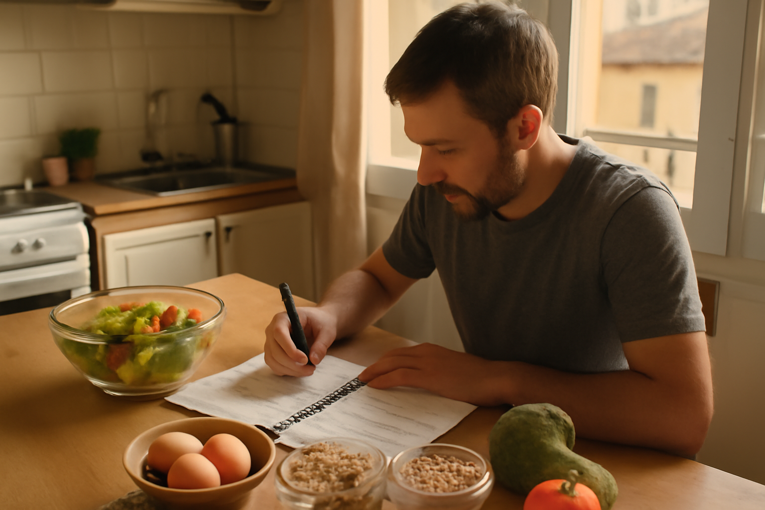 régime en calories et suivi nutritionnel sur une table de cuisine avec carnet