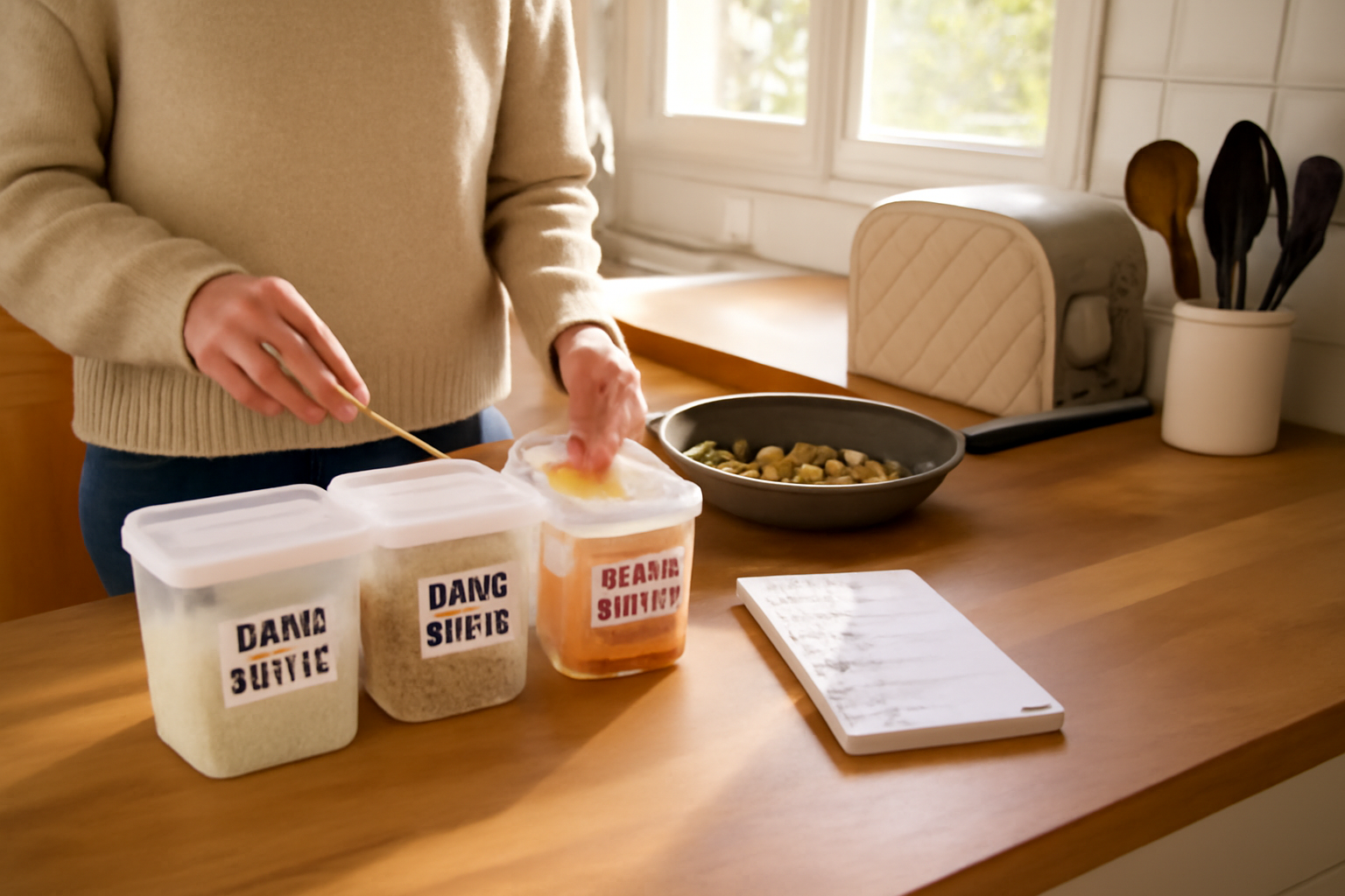 regime sans gluten : cuisine avec étiquettes et aliments sans gluten sur un plan de travail en lumière naturelle