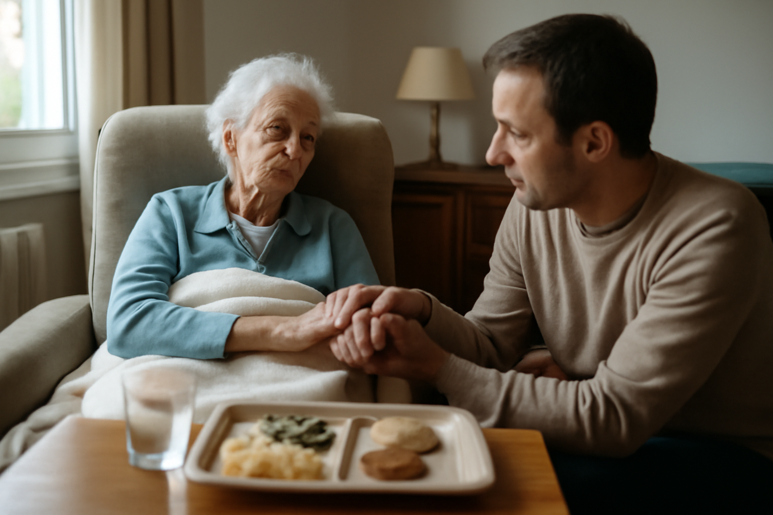 signes de fin de vie pour un alzheimer : aidant près d’une personne âgée en fauteuil, ambiance calme