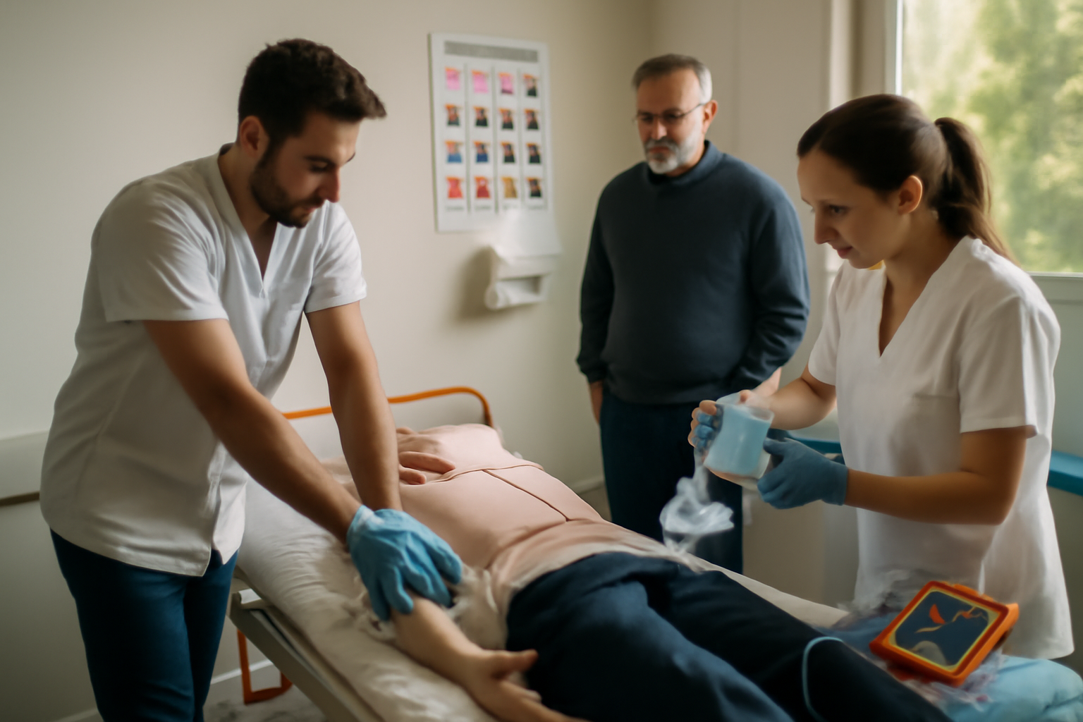 afgsu en formation gestes et soins d’urgence : formateur montrant des conduites à tenir sur mannequin en salle de simulation
