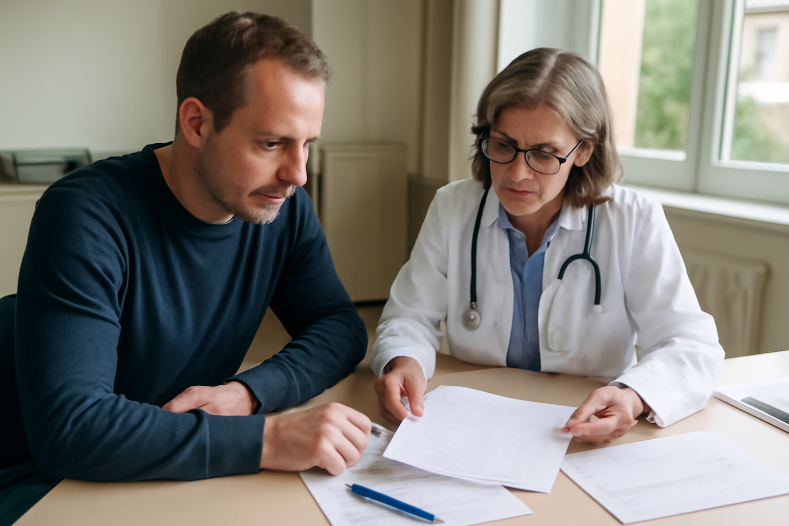 ALD avantages et inconvénients : patient et médecin traitant examinant un dossier de protocole de soins dans un cabinet médical, lumière naturelle