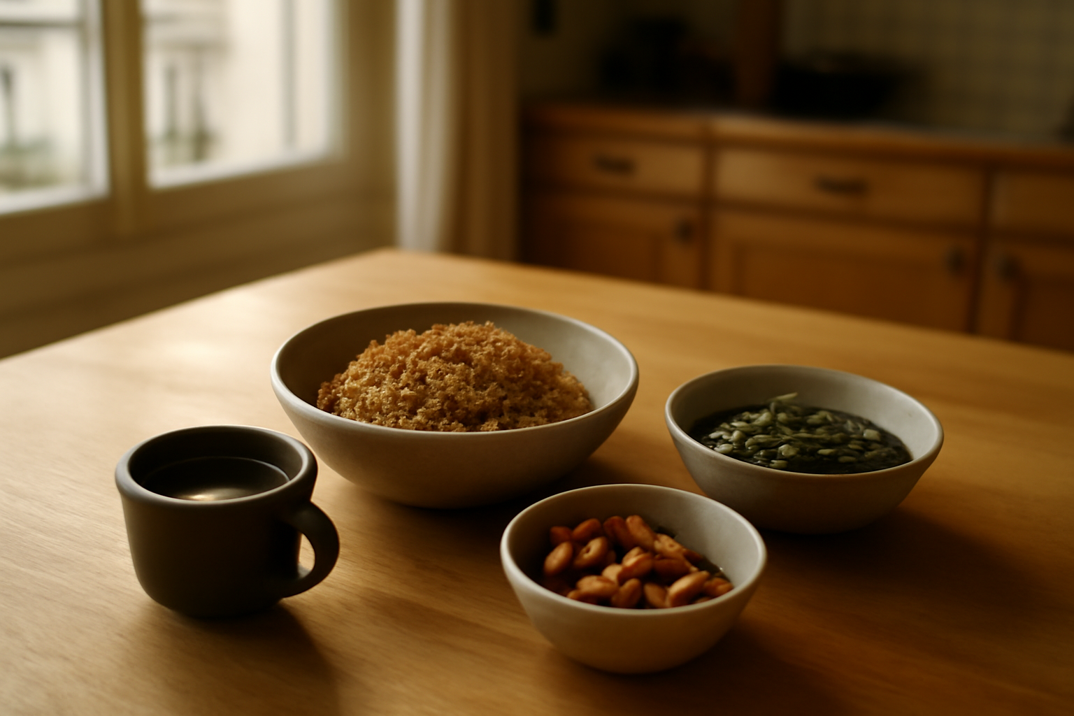 aliment riche en magnesium : bols de sarrasin, graines de courge, amandes et cacao noir sur table en bois
