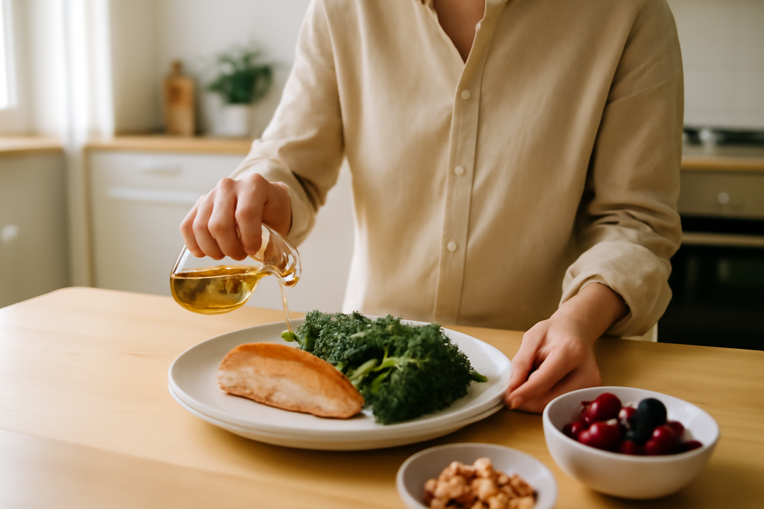 alimentation anti inflammatoire : assiette avec légumes, poisson gras et huile d’olive