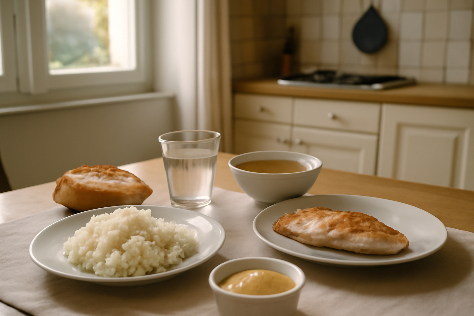 coloscopie régime avant : repas sans résidu dans une cuisine, assiette de riz et bouillon filtré