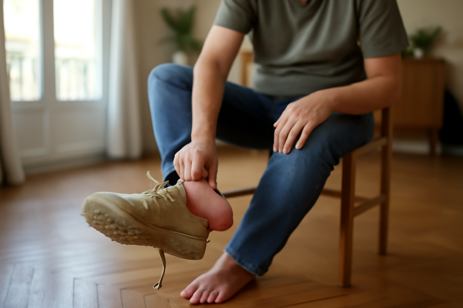douleur dessus du pied au cou-de-pied après marche, chaussure trop serrée, photo réaliste