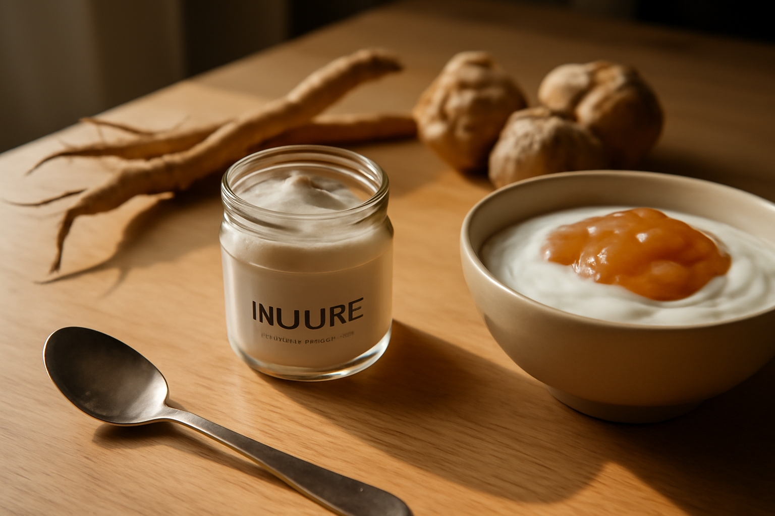 Inuline en poudre à base de chicorée, pot et cuillère sur table en cuisine