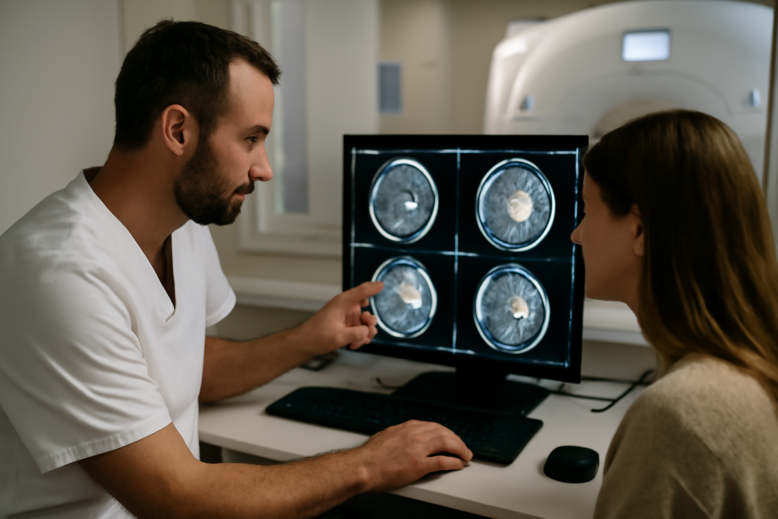 IRM cérébrale montrant des lésions de leucopathie de la substance blanche sur écran, salle de radiologie moderne