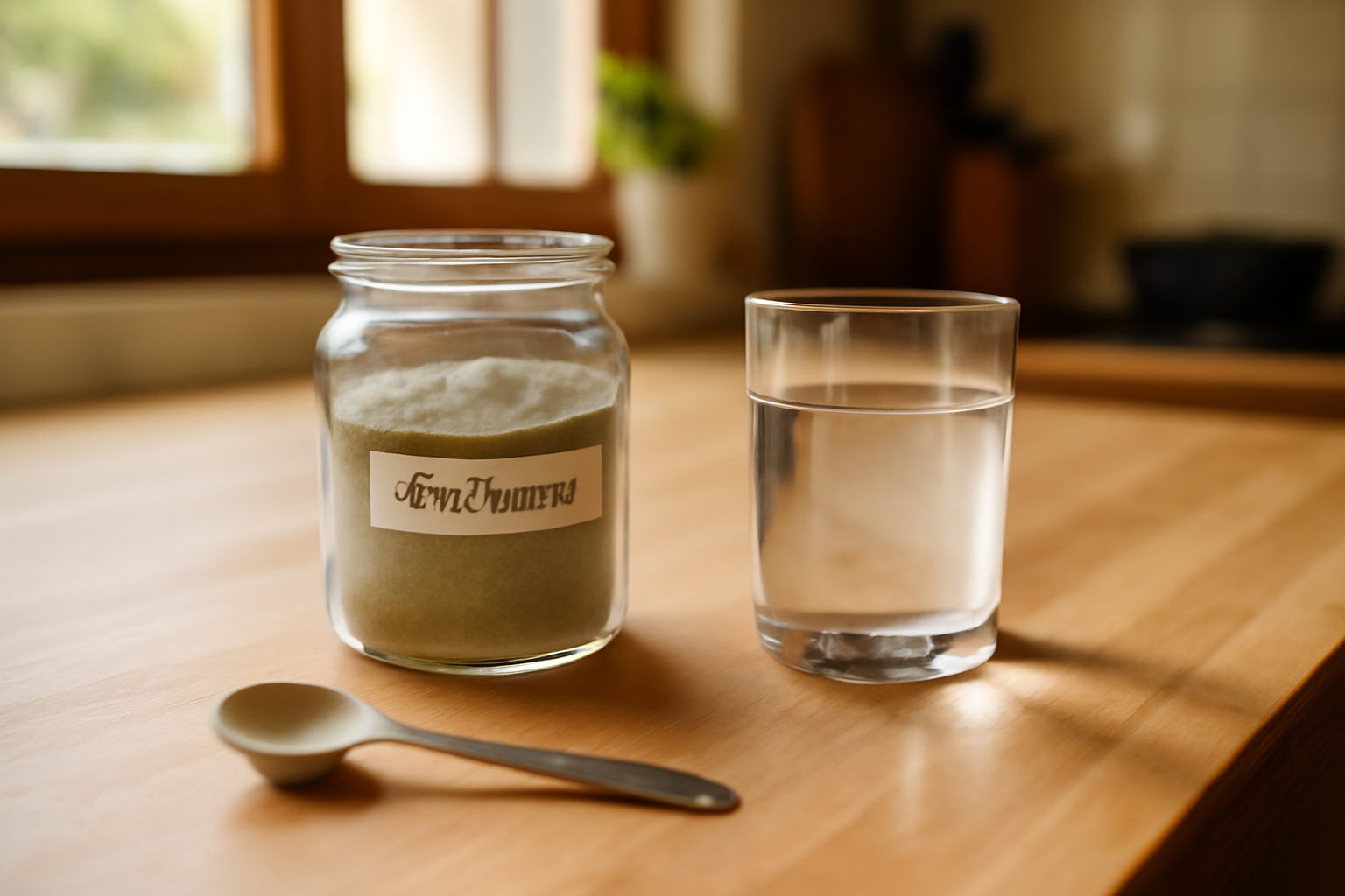 bocal de lithothamne en poudre sur une table de cuisine en France, lumière naturelle
