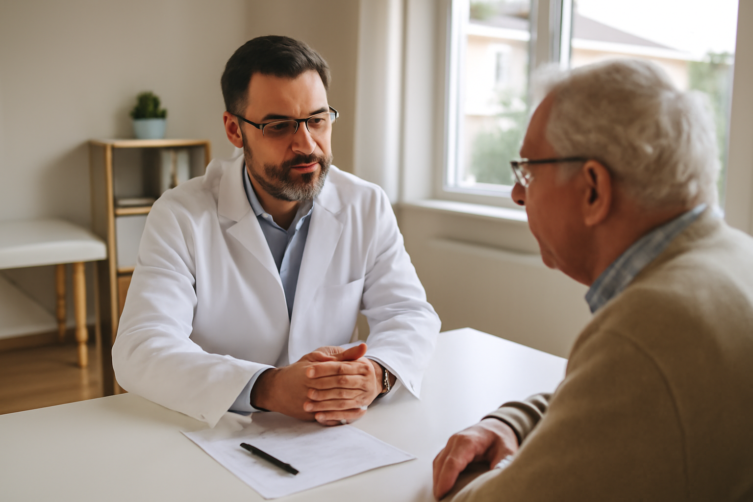 Test mmse en consultation : médecin et patient face à face, score sur papier