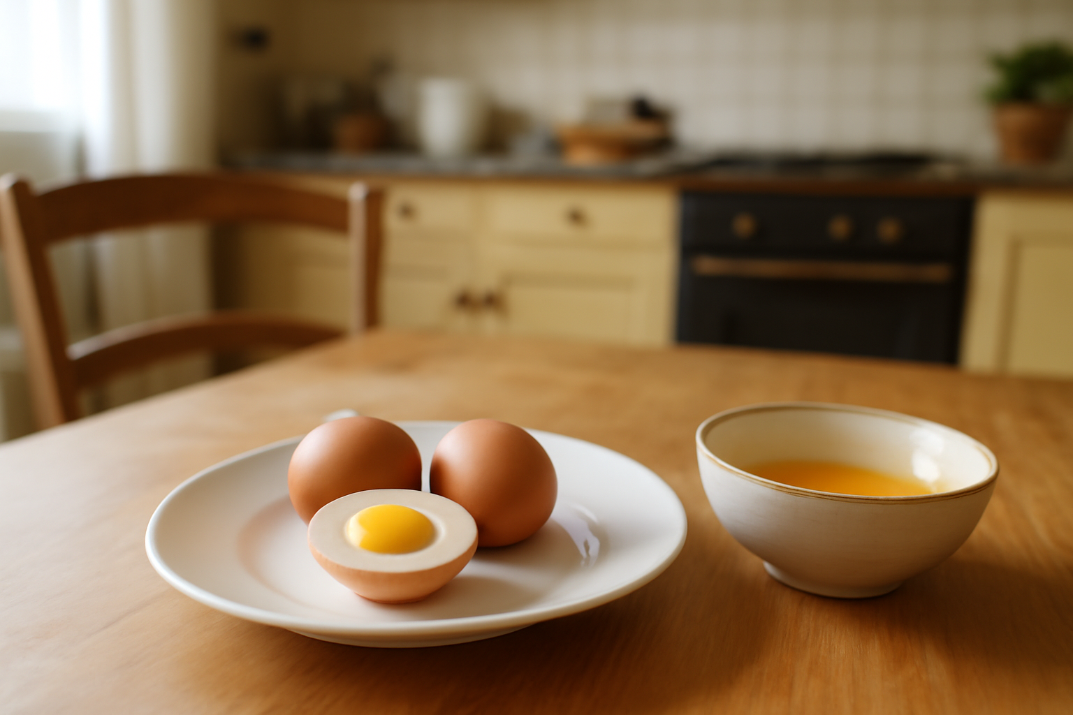 Protéine œuf : œufs entiers, blanc et jaune, sur une table de cuisine en lumière naturelle