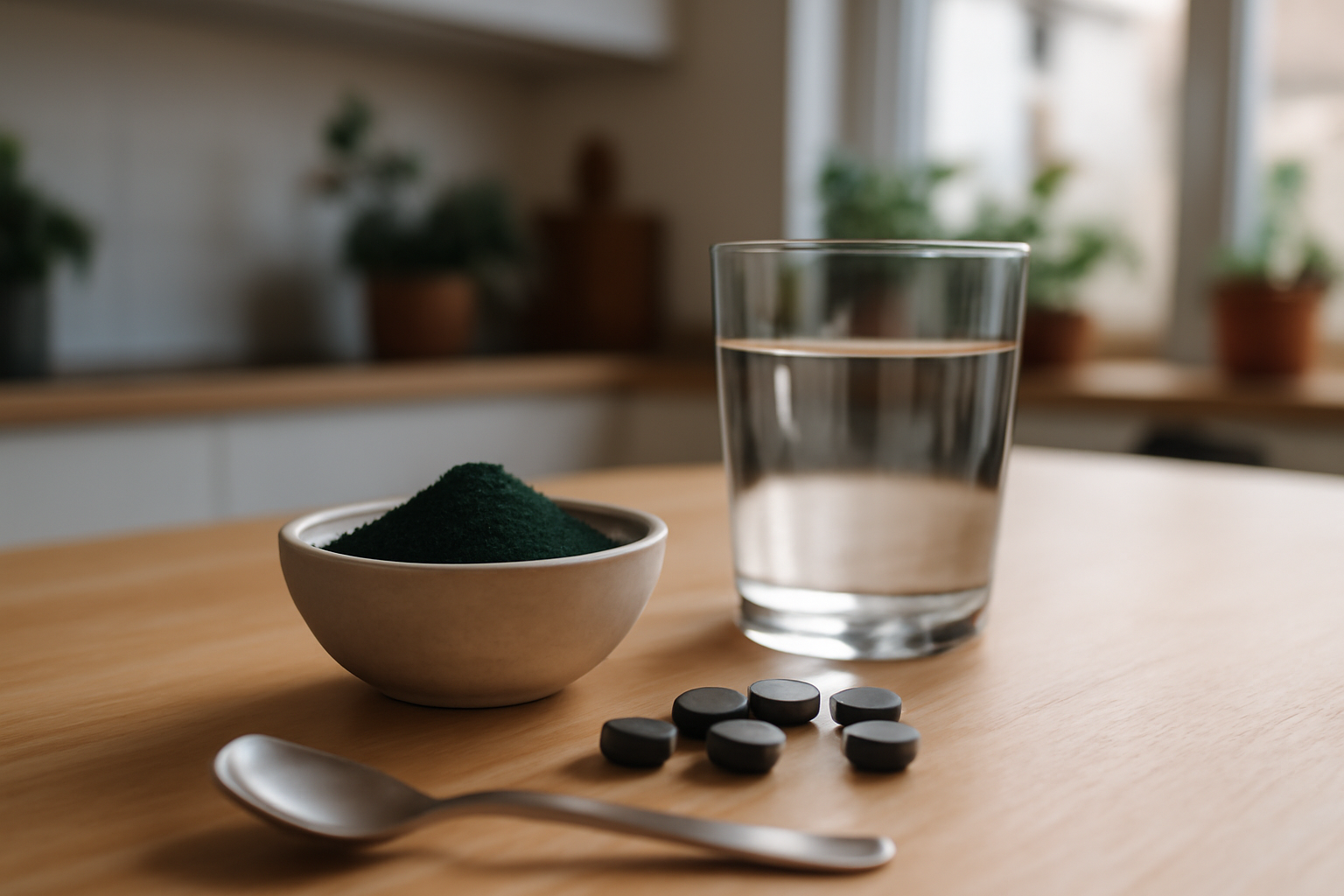 Spiruline bienfait : poudre de spiruline et comprimés dans une cuisine lumineuse