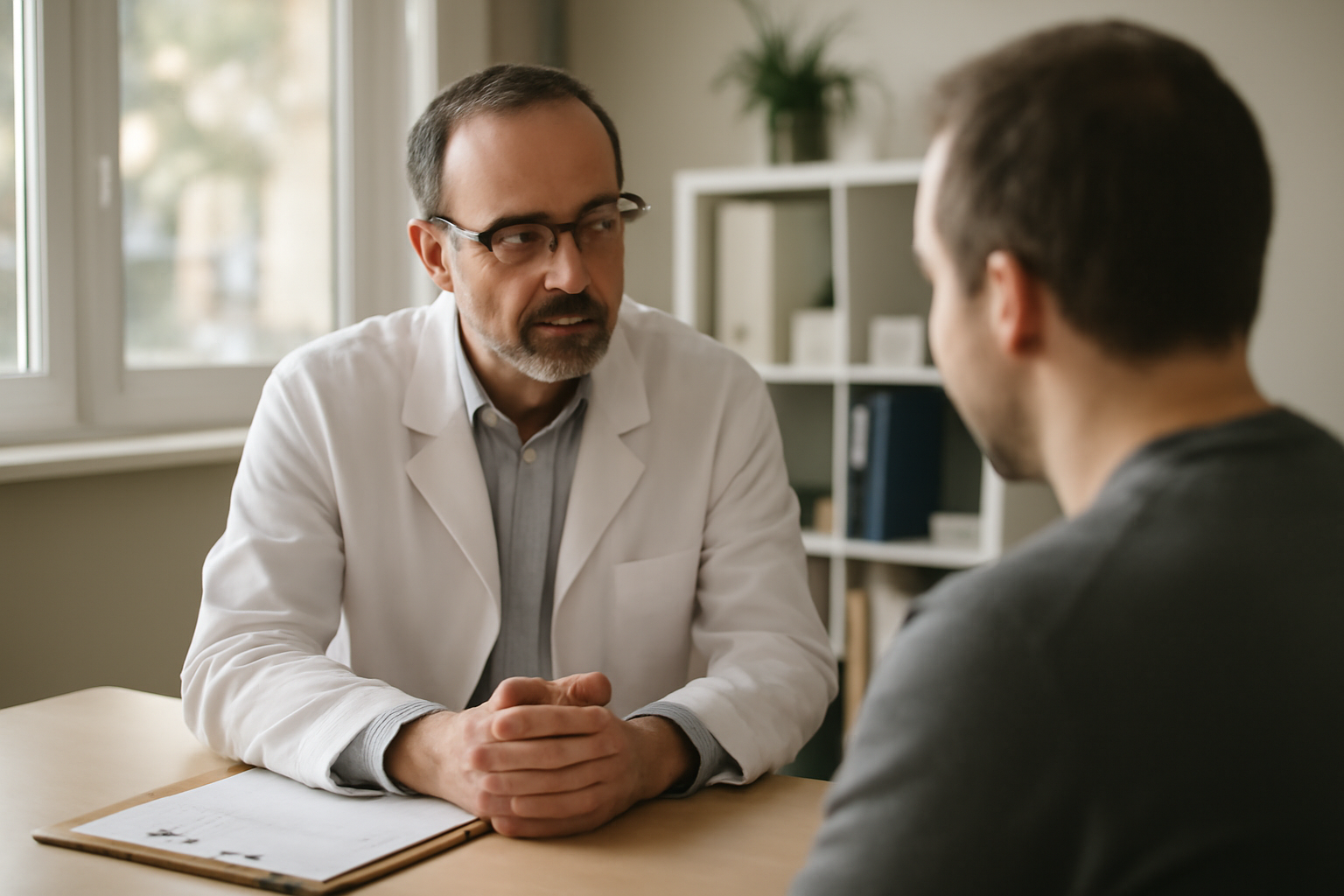stase stercorale colique : médecin examine un patient dans une salle de consultation, éclairage naturel
