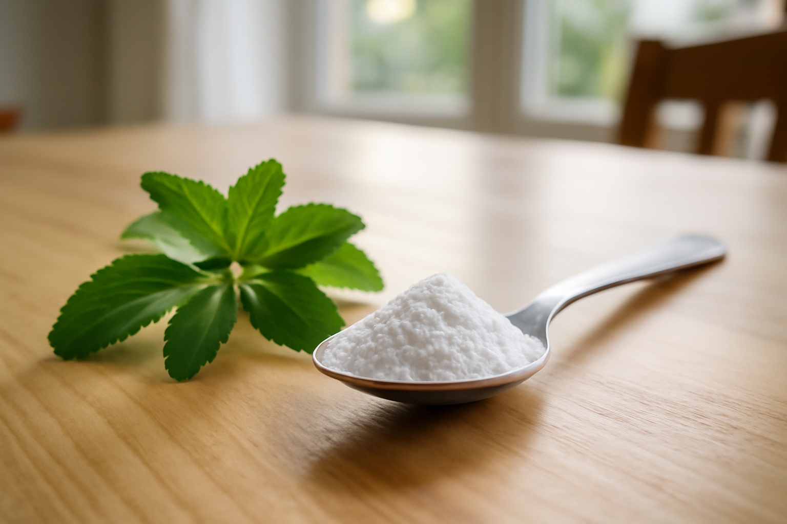 poudre de stevia et feuilles de stevia sur une table de cuisine en lumière naturelle