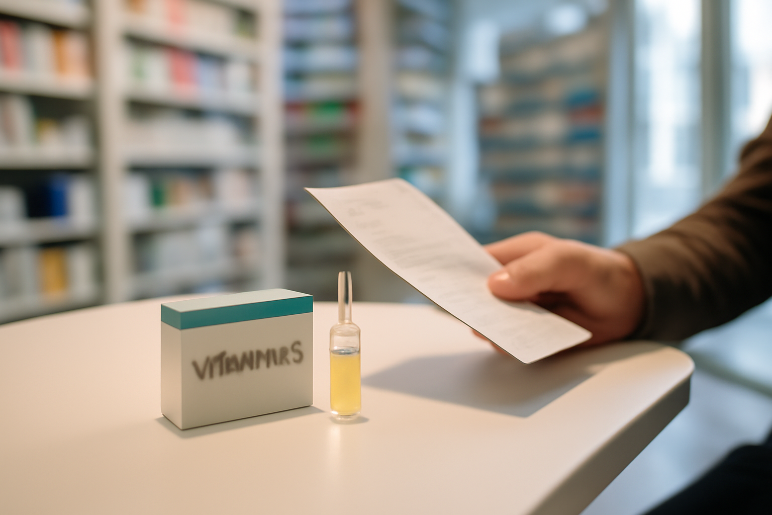 vitamine d ampoule dans une boîte de pharmacie, ampoule de vitamine D et étiquette de dosage