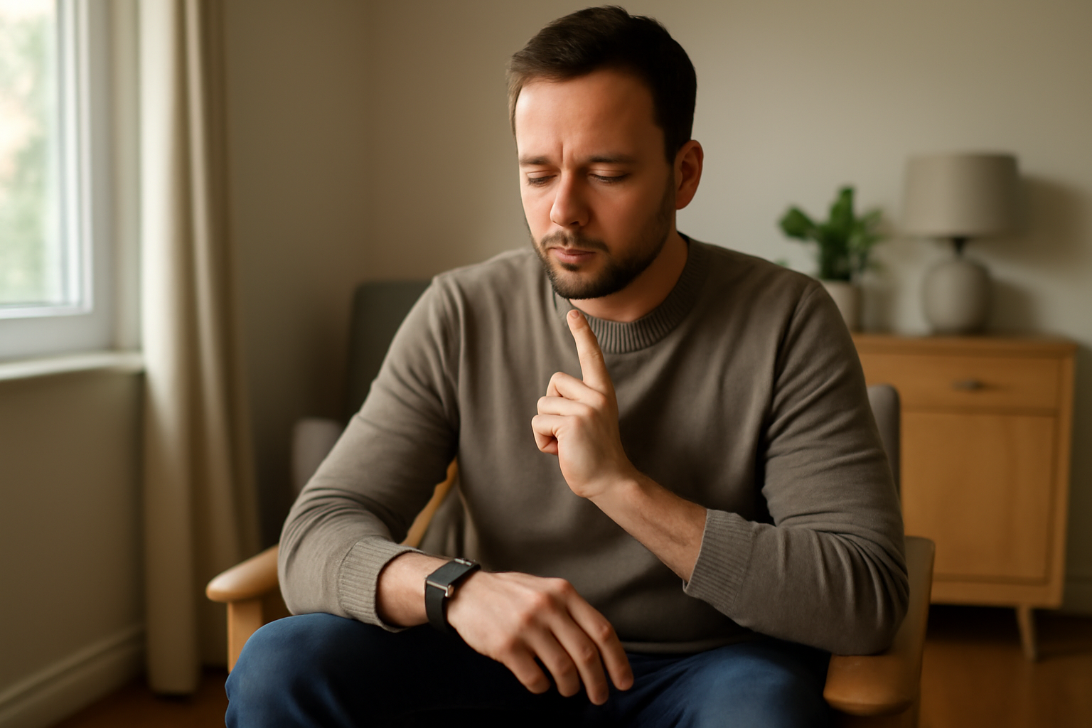 Personne assise au calme, comptant son battement du coeur au poignet avec une montre, lumière naturelle