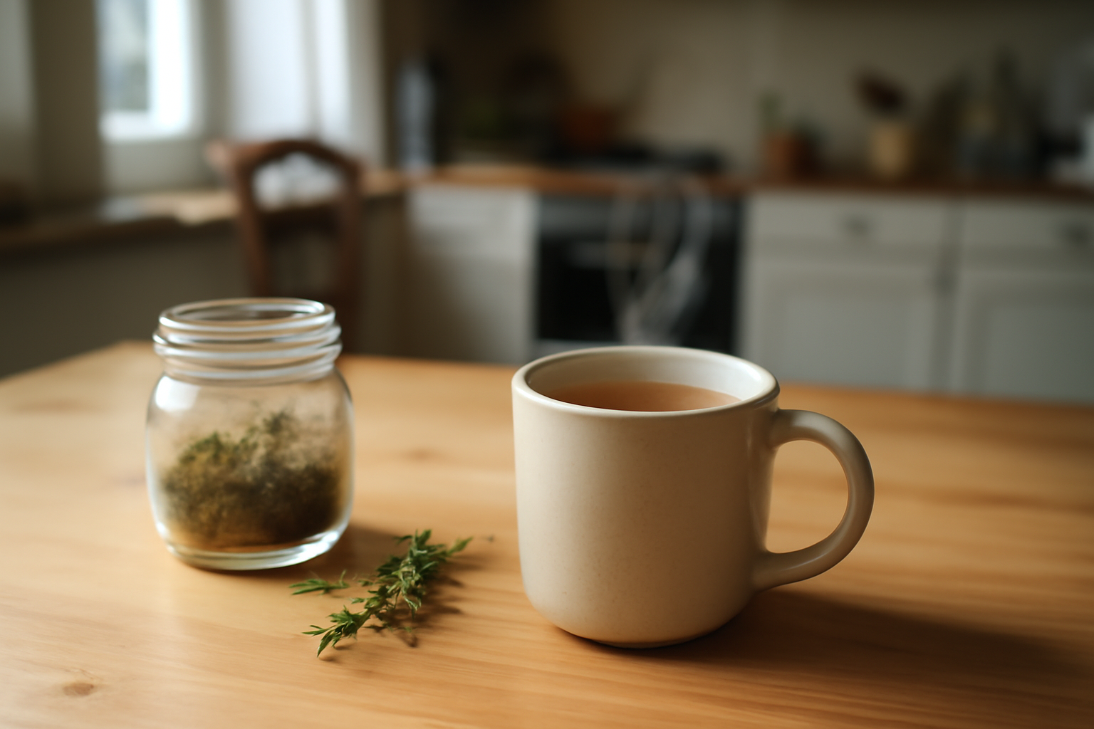 bienfaits de la tisane de thym dans une cuisine française, tasse fumante et brins de thym