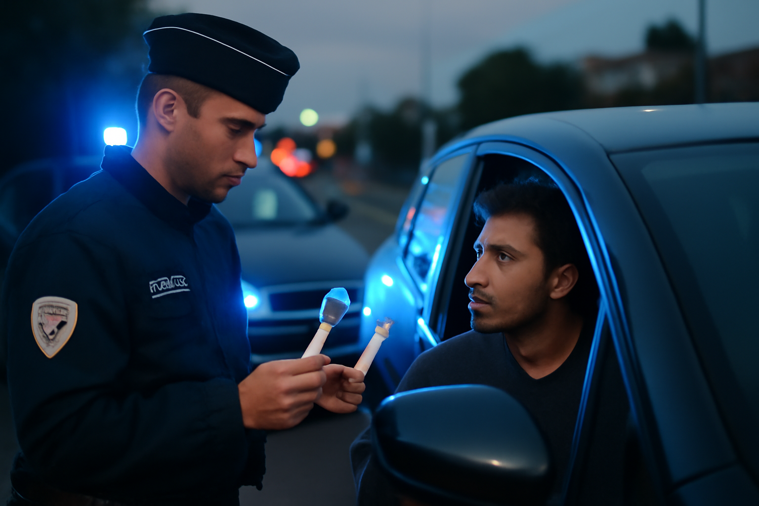 Contrôle routier en France avec un dispositif de test salivaire et un conducteur attendant des instructions