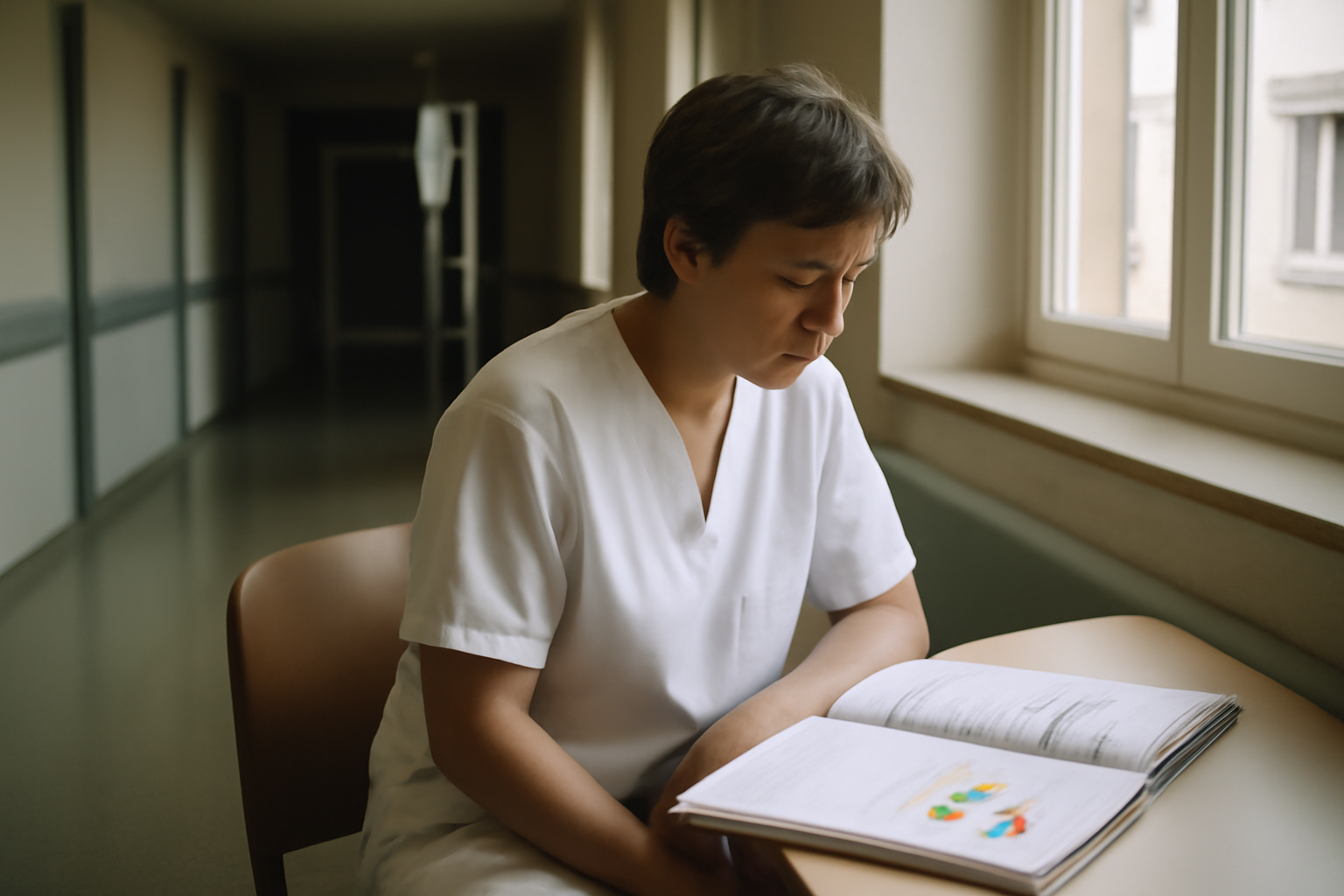 combien de temps la chimio reste dans le corps : patient à l’hôpital après une perfusion, documents médicaux et flacon de traitement sur une table, lumière naturelle