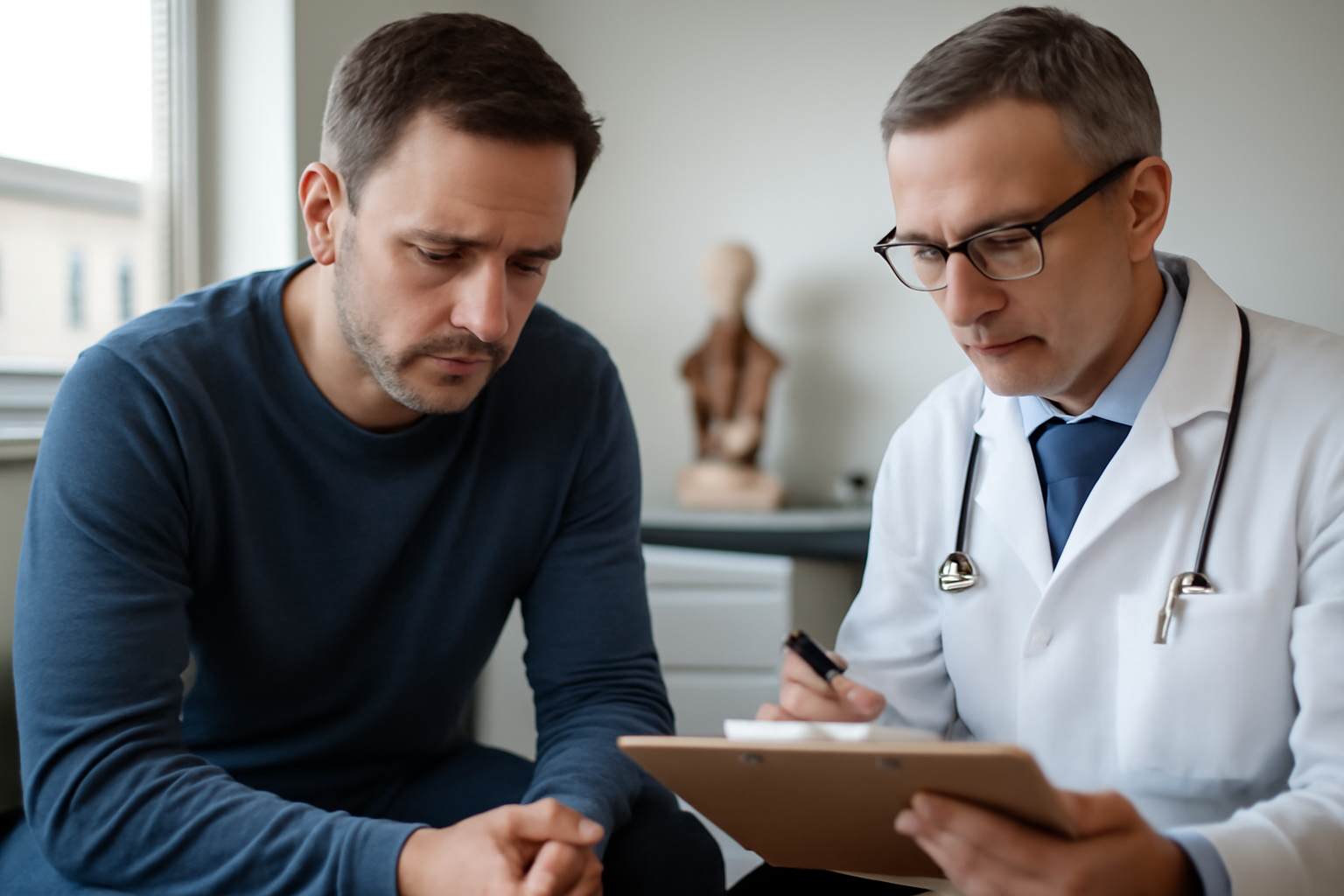 covid penis : homme consulte un médecin pour troubles de l’érection après une COVID-19, ambiance cabinet médical, lumière naturelle