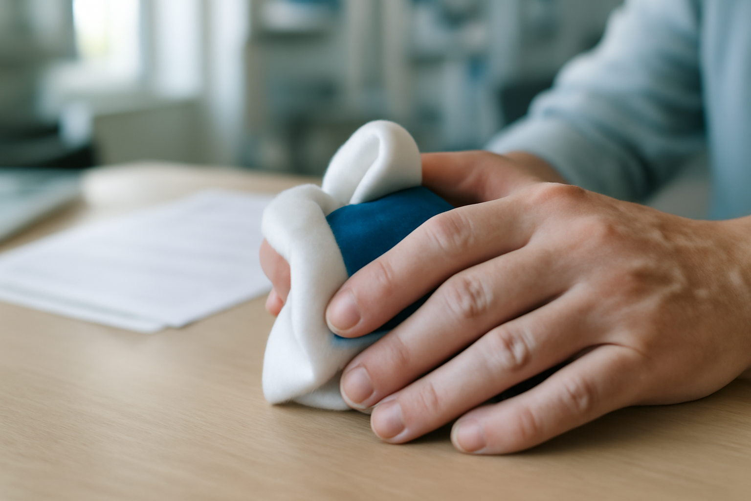 doigt gonflé et du mal à le plier après un choc, main posée sur une table avec compresse froide