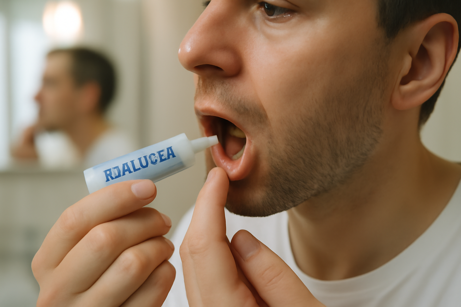 hyalugel gel buccal appliqué sur un aphte sur la joue, scène photo réaliste