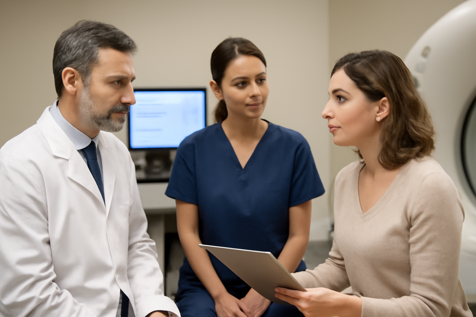 Équipe de radiologie expliquant le déroulement d’une IRM à un patient avant l’examen