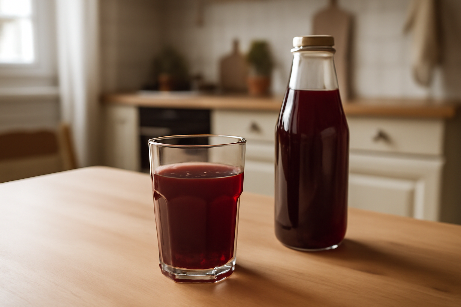 jus de grenade danger : verre de jus de grenade sur table, ambiance naturelle, lumière du matin