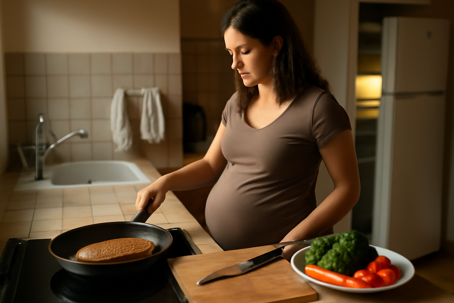 Magret de canard enceinte bien cuit à cœur dans une cuisine, planche et ustensiles propres