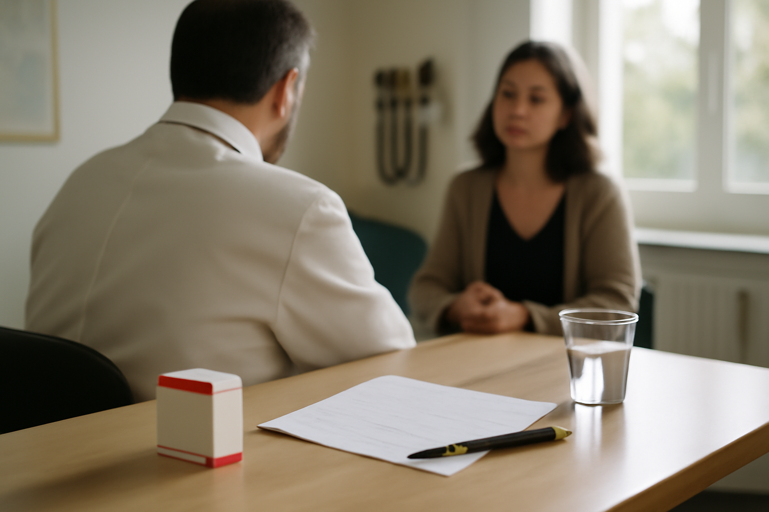 methocarbamol en consultation médicale, boîte de médicament et ordonnance sur table, lumière naturelle