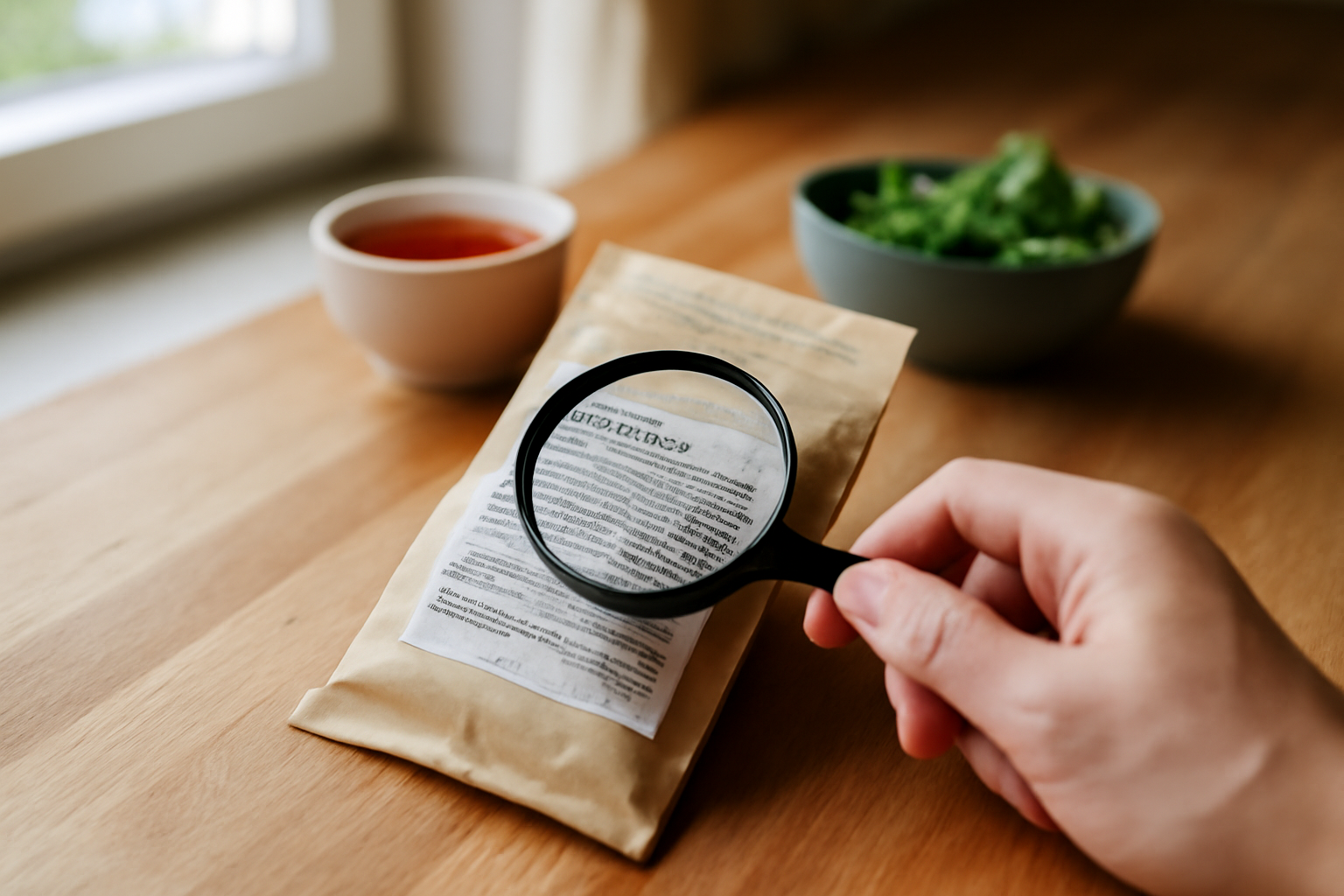 Photo réaliste d’un paquet alimentaire sur une table, avec la liste des ingrédients où l’on lit « glutamate monosodique » et le code E621