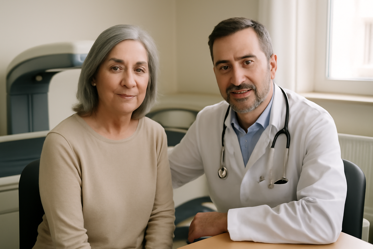 ostéoporotique def : densitométrie osseuse, médecin et patiente devant un appareil de mesure